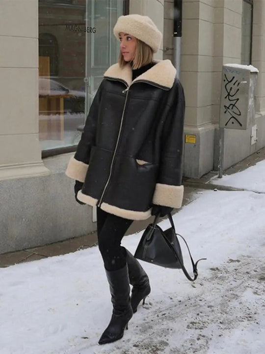 EB | Übergröße Kunstleder Shearling Jacke in Schwarz