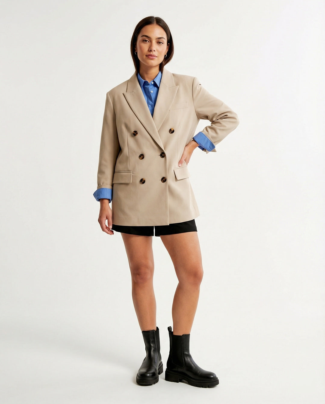 Moderner Damen Oversize Blazer Doppelreiher Grau Business Casual Anzugjacke