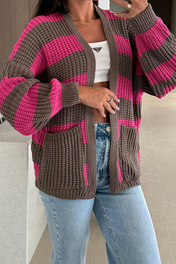EB | Damen Gestreifter Strickcardigan mit Taschen und Lockere Passform