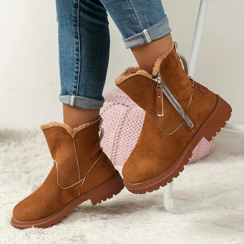 EB | Damen Plüschgefütterte Stiefel mit Seitenreißverschluss – Gemütliche Winterkurzstiefel