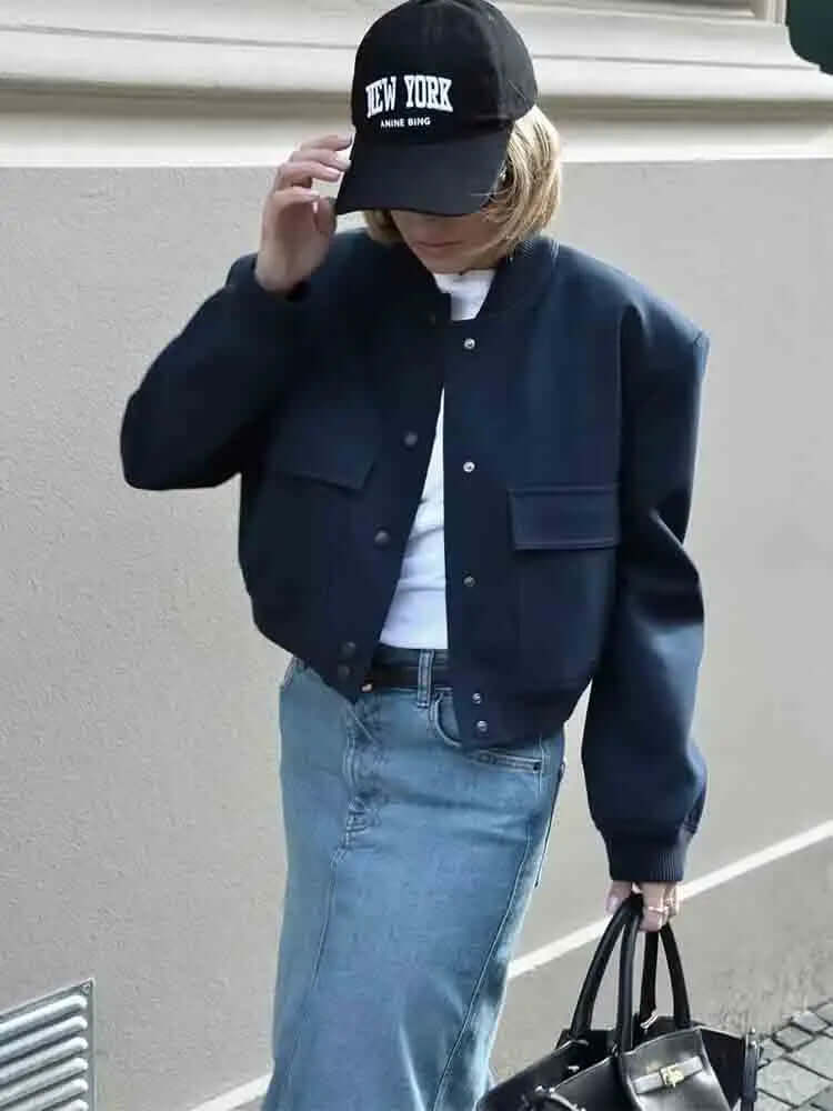EB | Damen Bomberjacke Mit Taschen Einfarbige Farbe Und Streetwear Stil