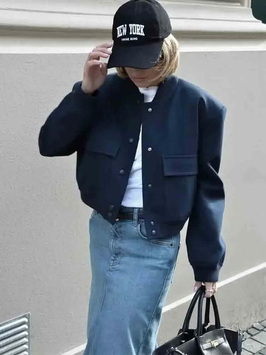 EB | Damen Bomberjacke Mit Taschen Einfarbige Farbe Und Streetwear Stil