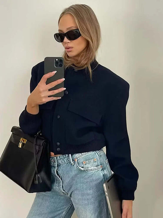 EB | Damen Bomberjacke Mit Taschen Einfarbige Farbe Und Streetwear Stil
