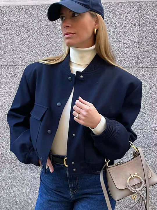 EB | Damen Bomberjacke Mit Taschen Einfarbige Farbe Und Streetwear Stil