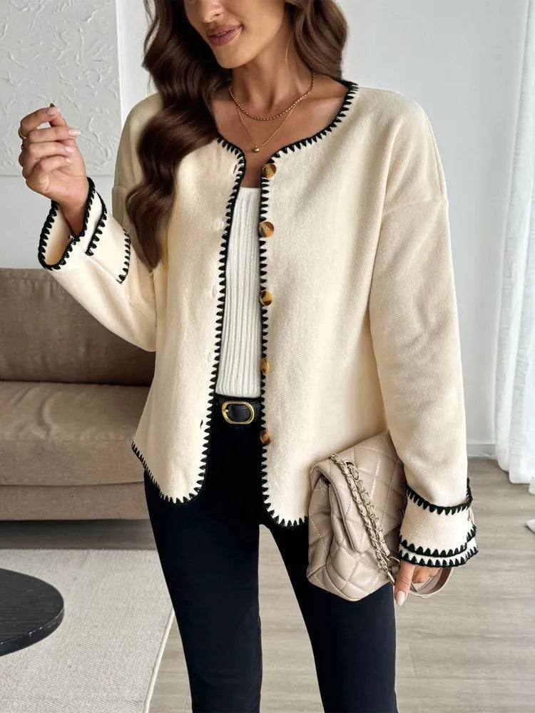 EB | Damen Casual Lockere Strickjacke mit Langen Ärmeln und Kontrastnähten