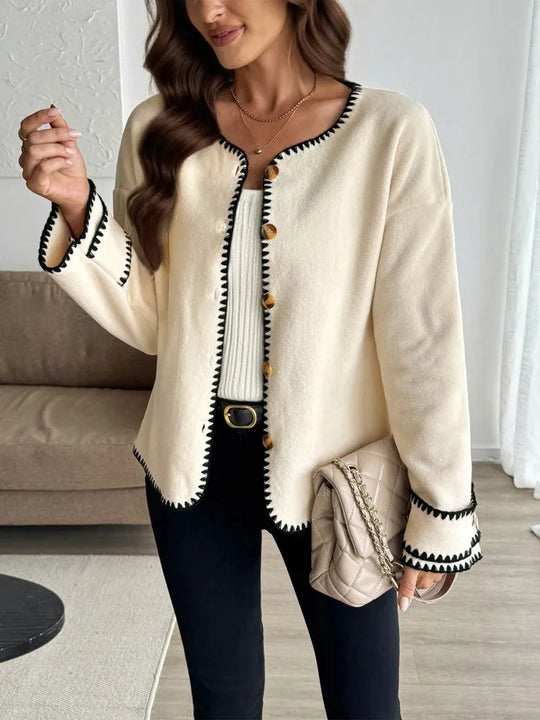 EB | Damen Casual Lockere Strickjacke mit Langen Ärmeln und Kontrastnähten