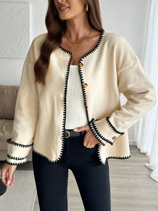 EB | Damen Casual Lockere Strickjacke mit Langen Ärmeln und Kontrastnähten