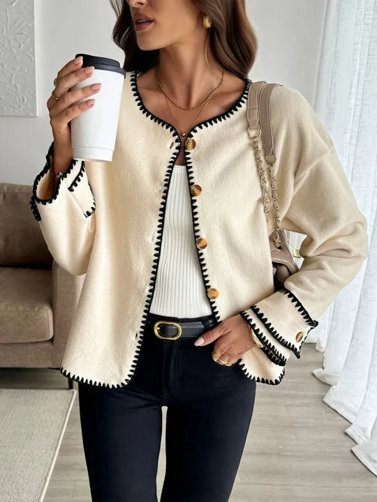 EB | Damen Casual Lockere Strickjacke mit Langen Ärmeln und Kontrastnähten
