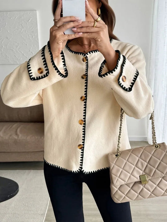 EB | Damen Casual Lockere Strickjacke mit Langen Ärmeln und Kontrastnähten