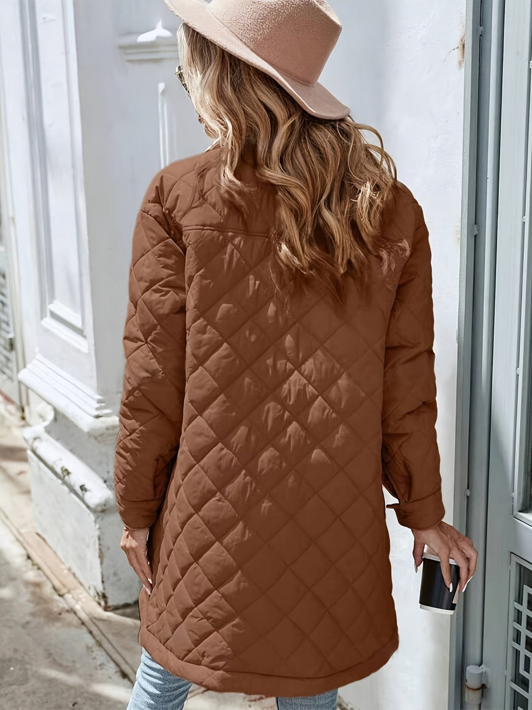 EB | Damen Wattierte Pufferjacke mit Knopfverschluss und langer Passform