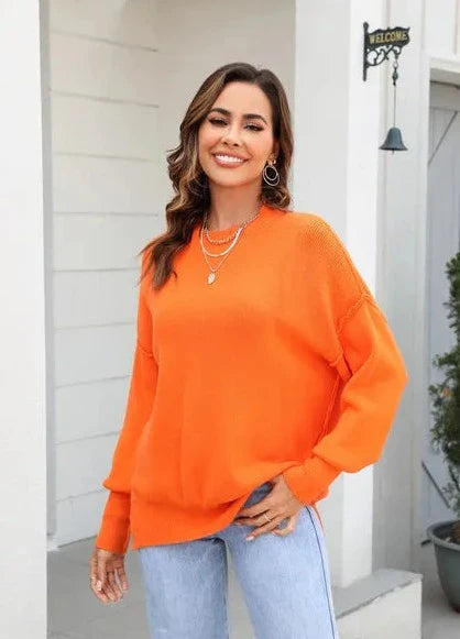 EB | Gestrickter Lässiger Rundhals Orange Pullover