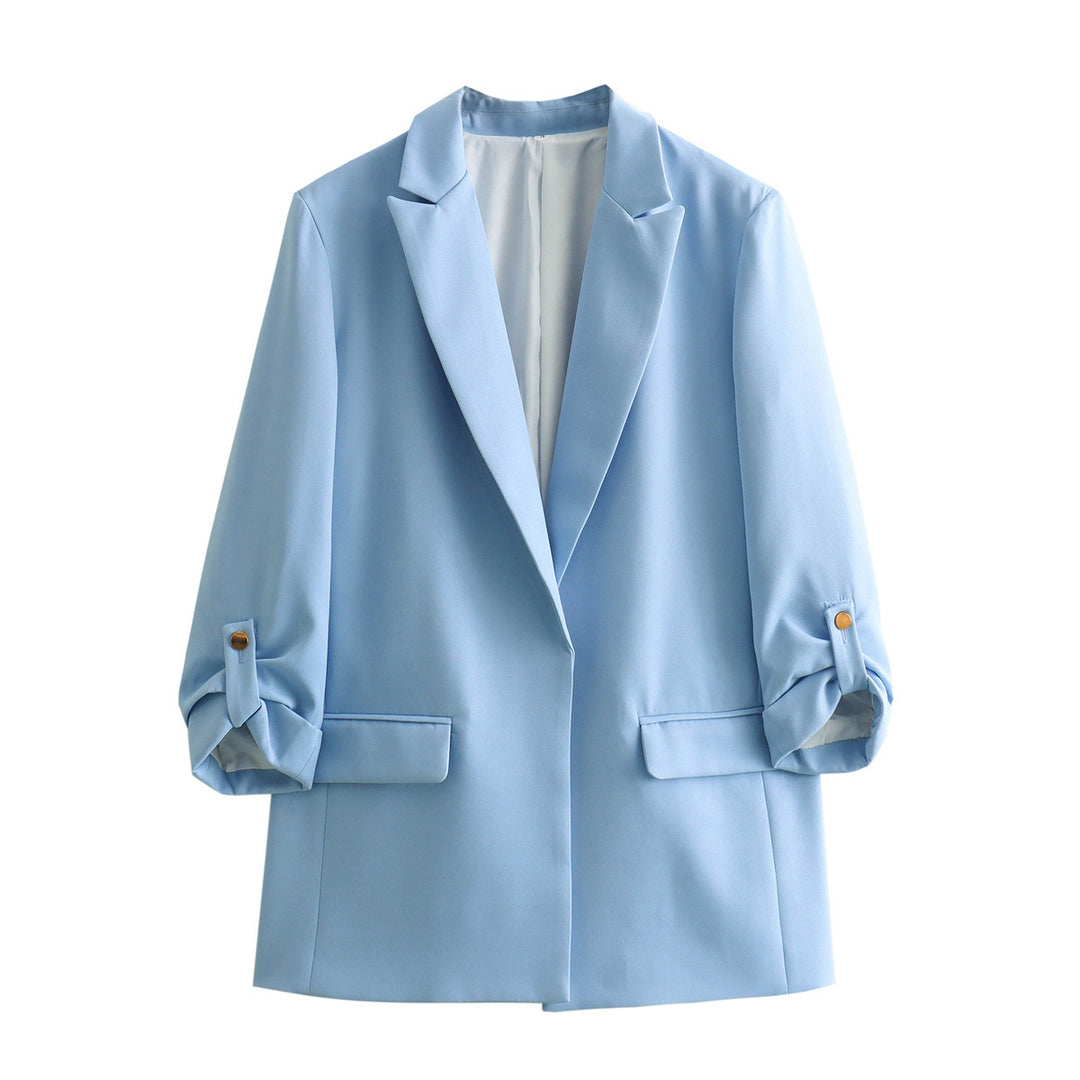 Damen elegante Blazerjacke mit strukturierten Ärmeln und dezenten Goldakzenten EB