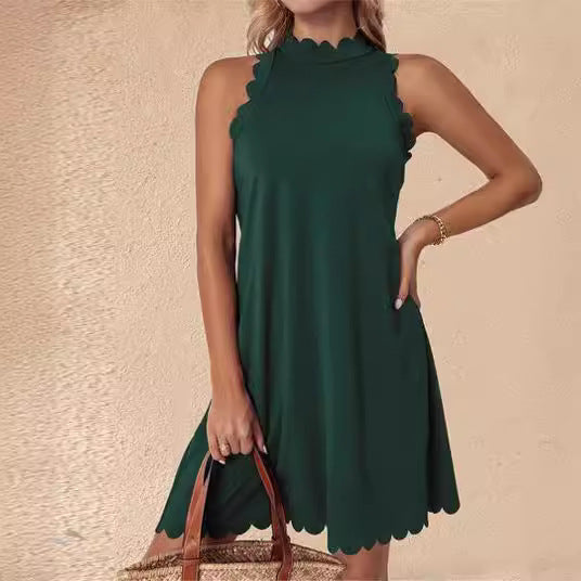 Damen ärmelloses Kleid mit Scalloped-Ausschnitt und fließendem Schnitt EB