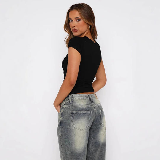 Damen figurbetontes Wickeloberteil mit elastischen Raffungseffekten EB