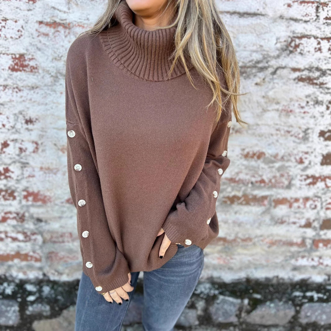 Damen weicher Rollkragenpullover mit modischen Knopfdetails EB