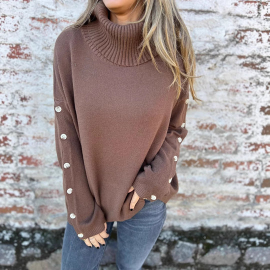 Damen weicher Rollkragenpullover mit modischen Knopfdetails EB