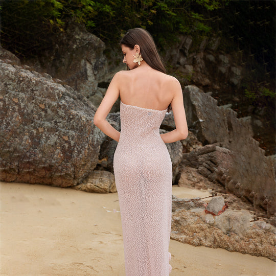 Damen figurbetontes Strandkleid mit Blumenapplikationen EB