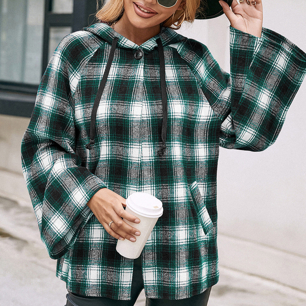 Damen Karo Overshirtjacke im lässigen Stil mit Kapuze und weiten Ärmeln EB