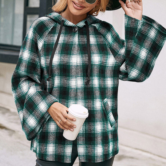 Damen Karo Overshirtjacke im lässigen Stil mit Kapuze und weiten Ärmeln EB