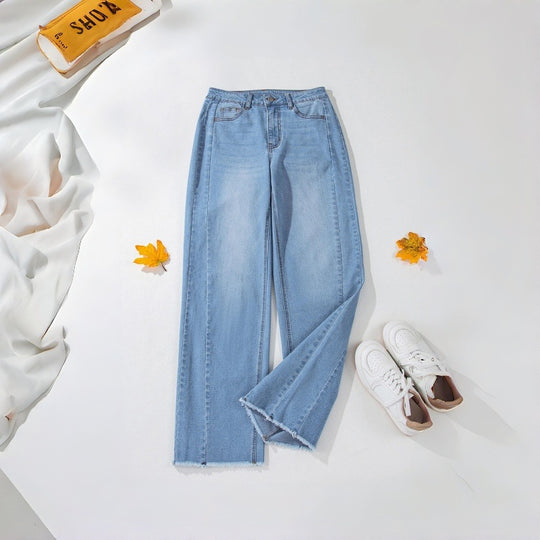 Damen Weite Denim-Hose mit rohem Saum und praktischen Taschen EB