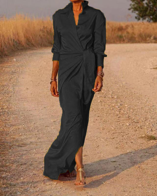 Damen Elegantes Wickel-Maxi-Kleid mit vielseitigem Kragen und seitlichem Schlitz EB