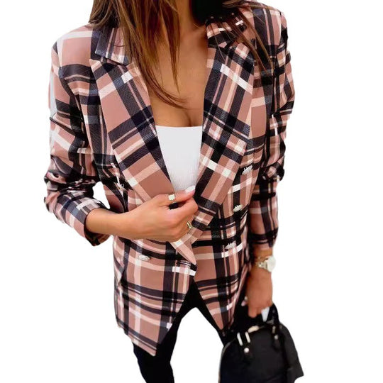 Damen Karierter Blazer mit doppelter Knopfleiste und schickem Schnitt EB