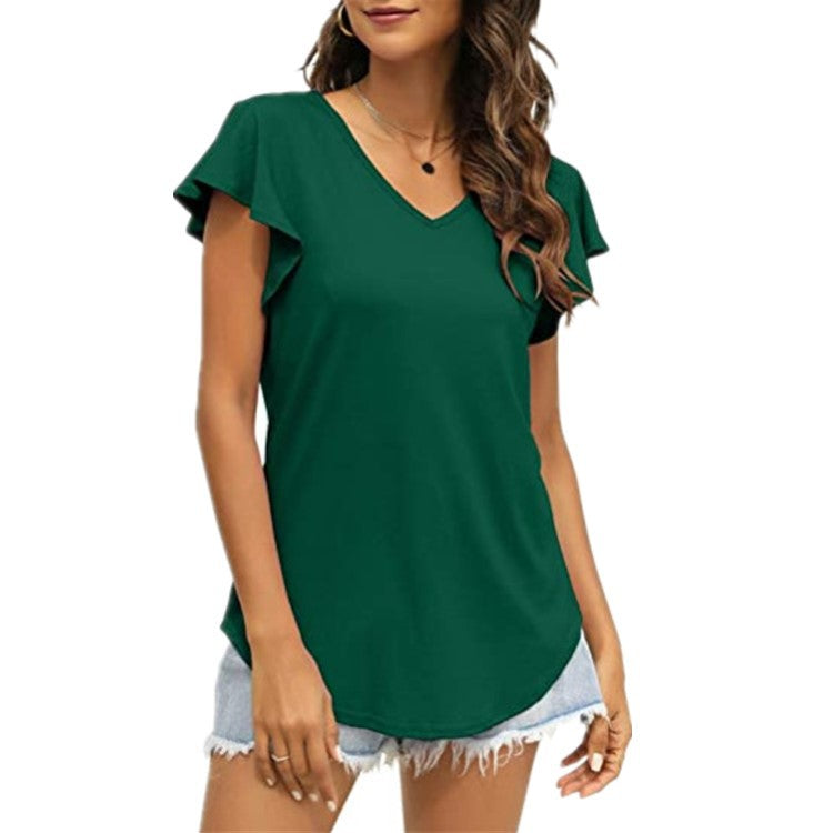 Damen V-Ausschnitt T-Shirt mit Rüschenärmeln und lässigem Schnitt EB