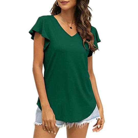 Damen V-Ausschnitt T-Shirt mit Rüschenärmeln und lässigem Schnitt EB