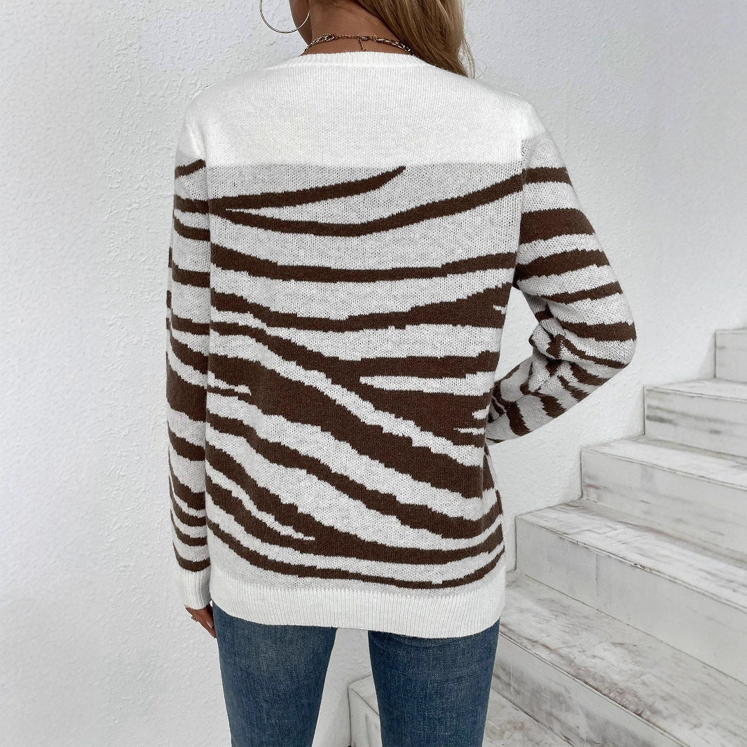 Damen gemütlicher Strickpullover mit modernem Zebrastreifen-Muster und komfortablem Schnitt EB