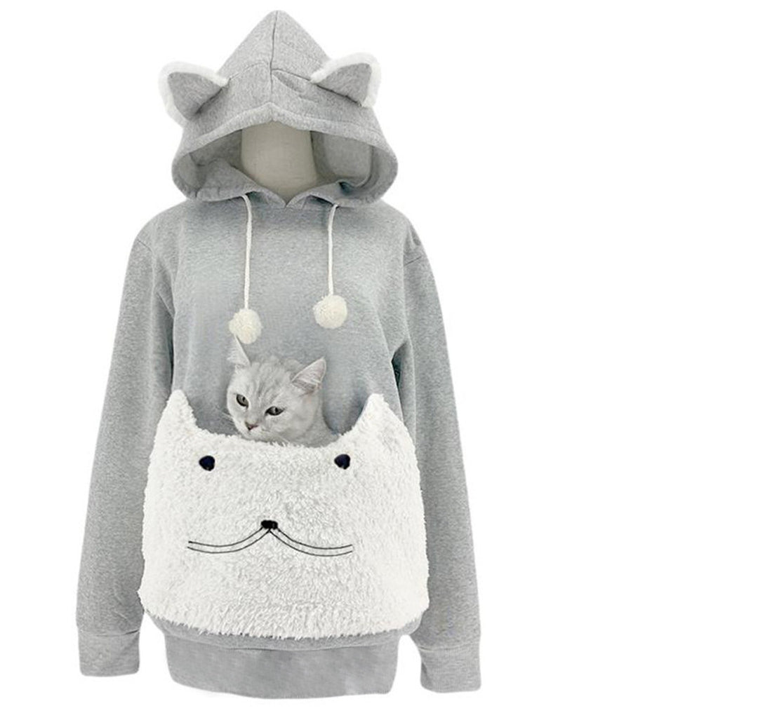 Damen Kuscheliger Kapuzenpullover mit Katzenmotiv und praktischer Känguru-Tasche EB