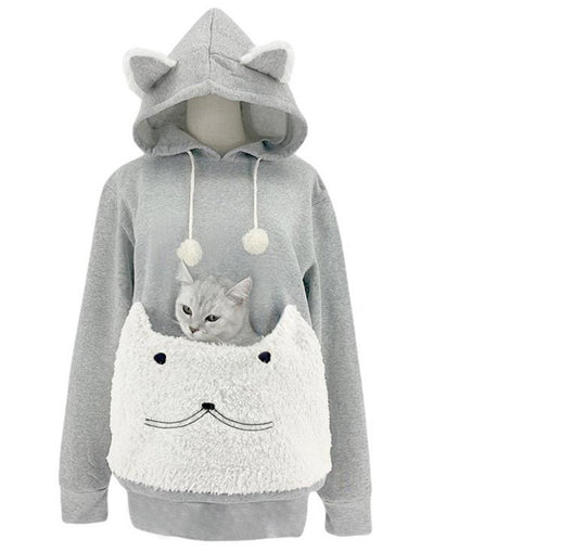 Damen Kuscheliger Kapuzenpullover mit Katzenmotiv und praktischer Känguru-Tasche EB