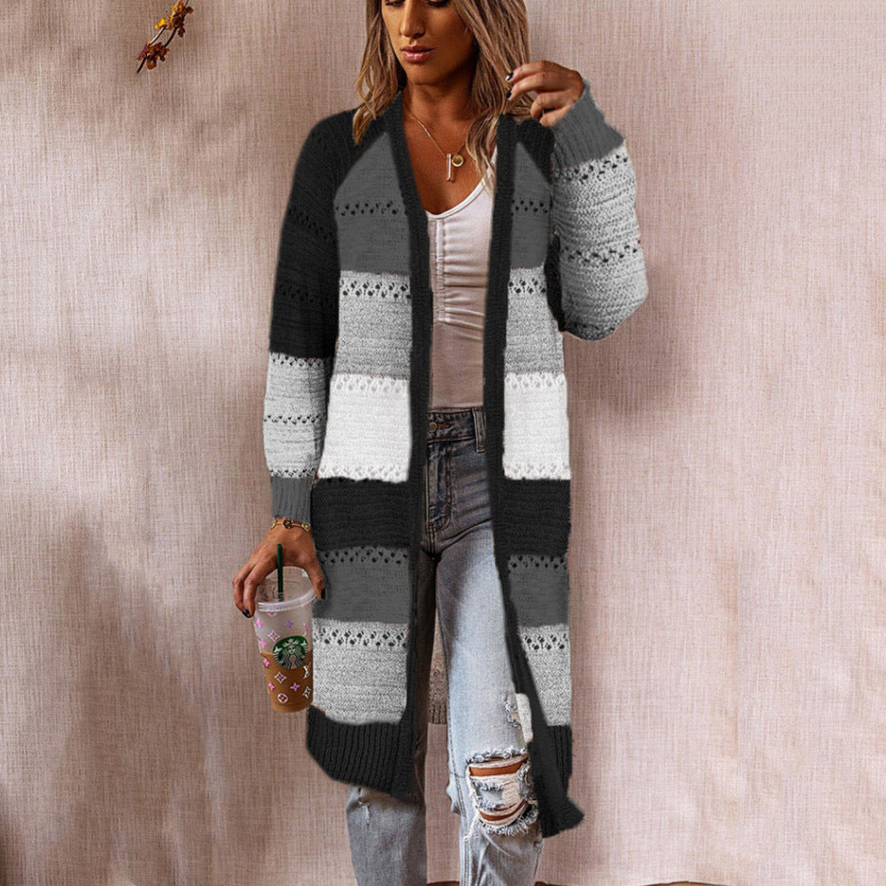 Damen Langer Strickcardigan mit kunstvollem Streifenmuster und luftiger Struktur EB