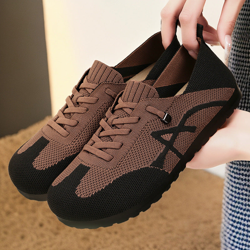 Damen nan komfortabler gestrickter Slip-On Sneaker mit elastischem Schaft, dekorativer Schnürung und flexibler rutschfester Laufsohle EB