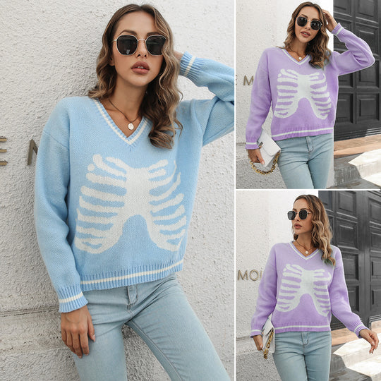 Damen Strickpullover mit kreativem Rippenmuster und V-Ausschnitt EB