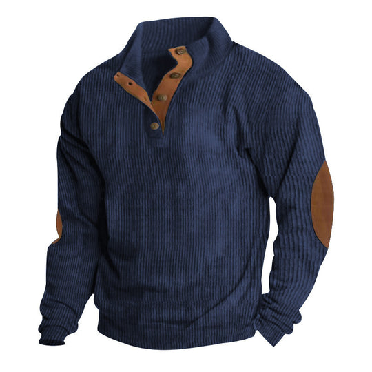 Herren nan rustikaler gerippter Pullover mit Henley-Kragen und lederartigen Ellbogenbesätzen EB