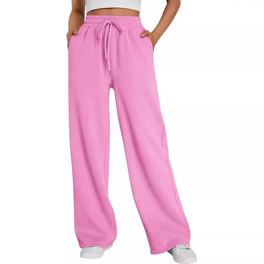 Damen nan weite Loungehose mit hohem Elastikbund, verstellbarem Kordelzug und fließender Palazzosilhouette EB