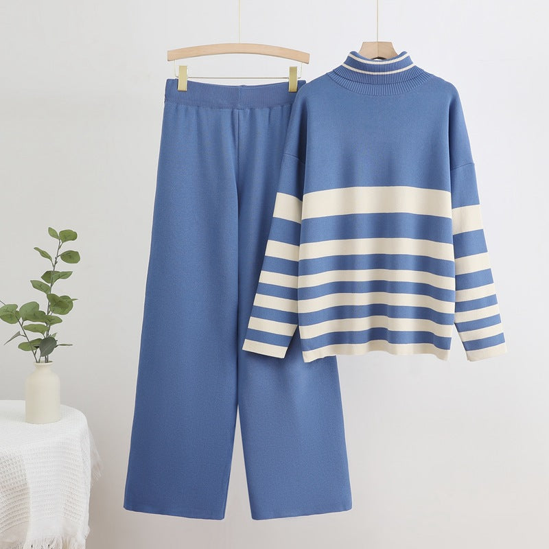 Damen Komfortables Strick-Loungewear-Set mit hohem Kragen und breiten Streifen EB