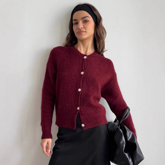 Damen kuschelige Strickjacke mit knöpfbarem Design und voluminösen Ärmeln EB