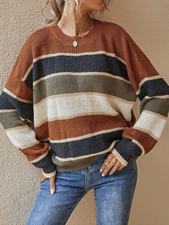 Damen lässiger Grobstrickpullover mit Farbblockmuster und weitem Schnitt EB