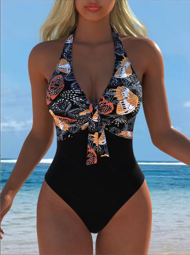 Damen Einteiliger Badeanzug mit modischem Schmetterlingsdesign und elegantem Bindeband EB