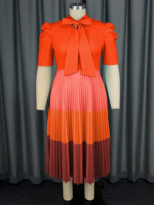 Damen Elegantes Plisseekleid mit Schleifenkragen EB