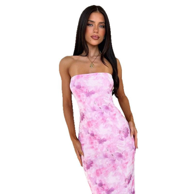 Damen elegantes trägerloses Maxikleid mit floralem Muster und figurbetonter Silhouette EB