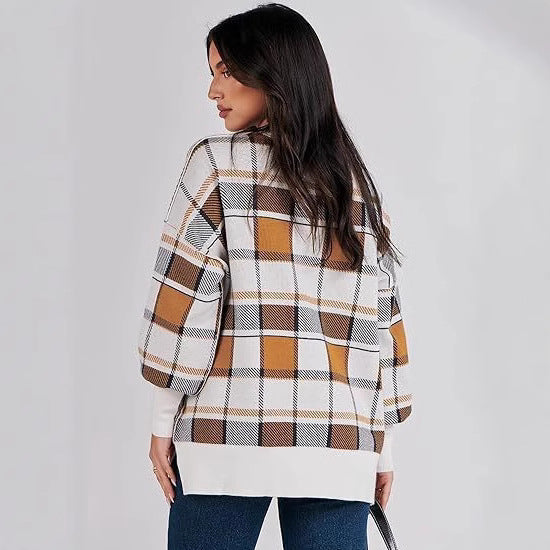 Damen oversized Pullover mit Karomuster und lässigem Schnitt EB