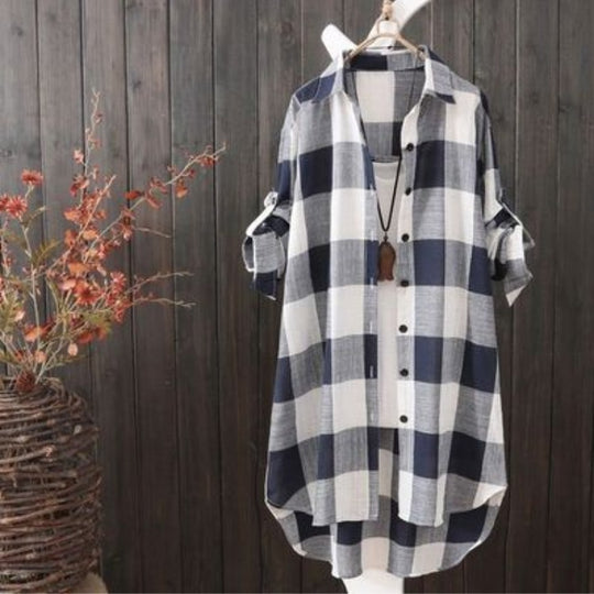 Damen Karo-Hemdbluse im lässigen Oversized-Schnitt mit langen Ärmeln und umschlagbaren Ärmeln EB