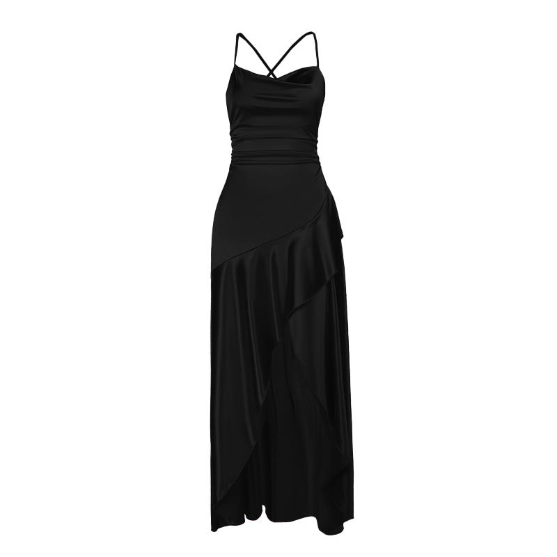 Damen luxuriöses Satin-Maxikleid mit asymmetrischem Schnitt EB