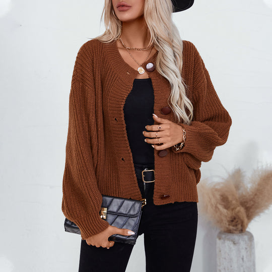 Damen gemütliche Strickjacke mit großen Knöpfen und lässigem Schnitt EB