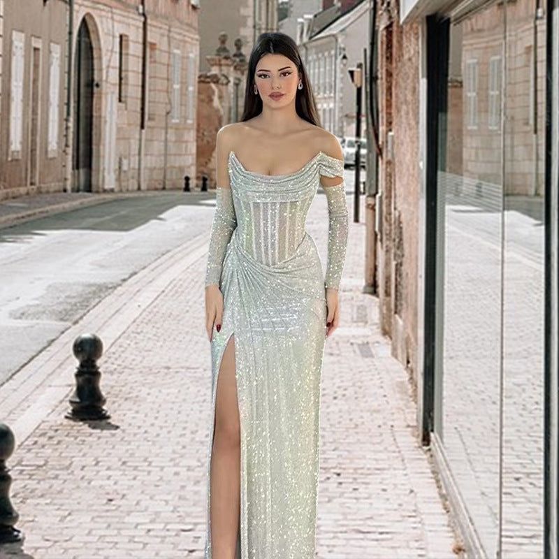 Damen Elegantes Abendkleid mit schimmerndem Schmuckdetail und drapiertem Rock EB