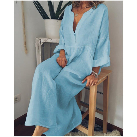 Damen Langes Leinen-Maxikleid mit V-Ausschnitt, geraffter Taille und 3/4-Ärmeln EB