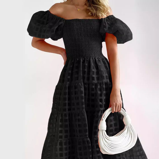 Damen Sommerliches Maxikleid mit voluminösen Puffärmeln und elastischem Taillenbereich EB