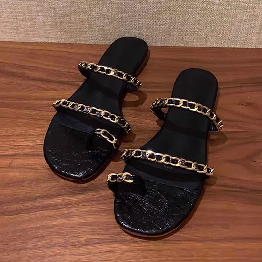 Damen elegante Zehentrenner-Sandalen mit modischen Gliederketten-Details EB